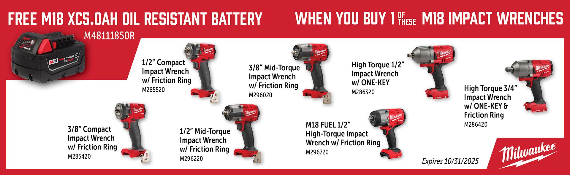 Milwaukee Aug-Oct: Buy a Qualifying M18 Fuel Impact Wrench and Get a Free M48111850R Battery