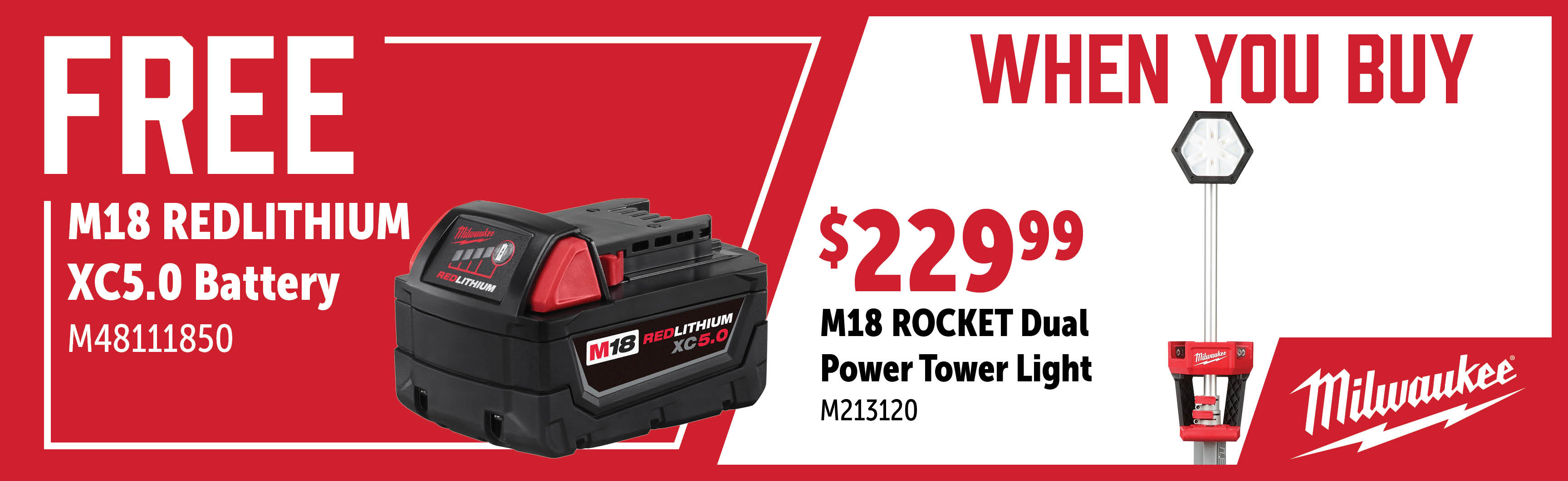 Milwaukee May - July: Buy a M213120 Tower Light and get a FREE M48111850 Battery