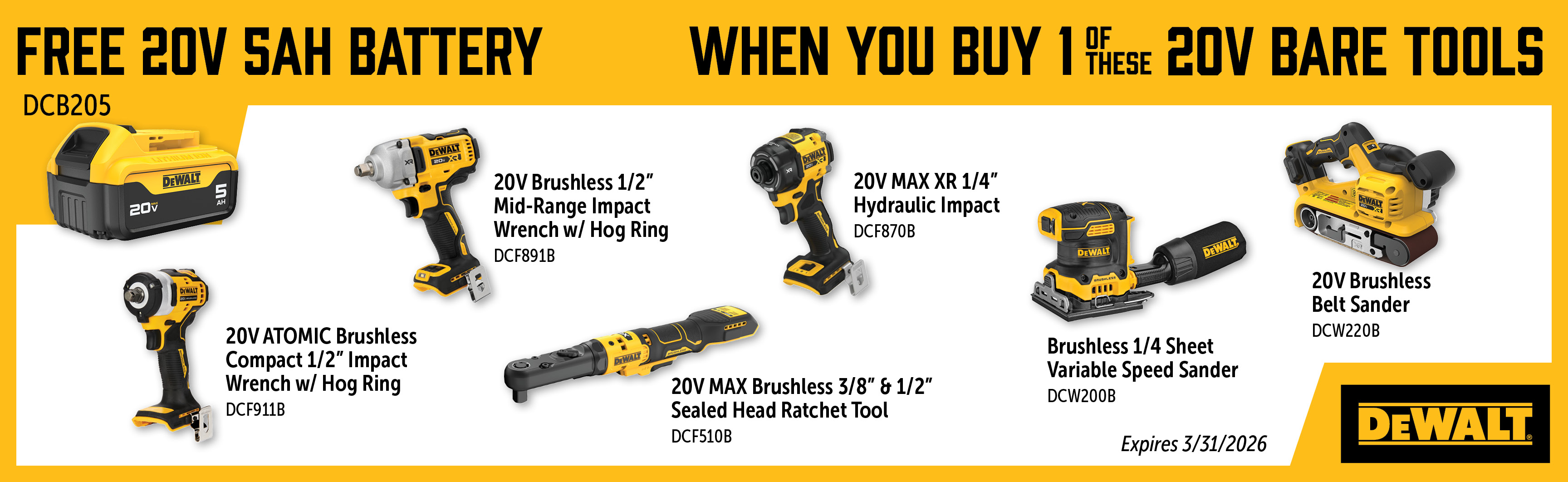 Dewalt Jan-Mar: Buy a Qualifying 20V Bare Tool and Get a Free DCB205