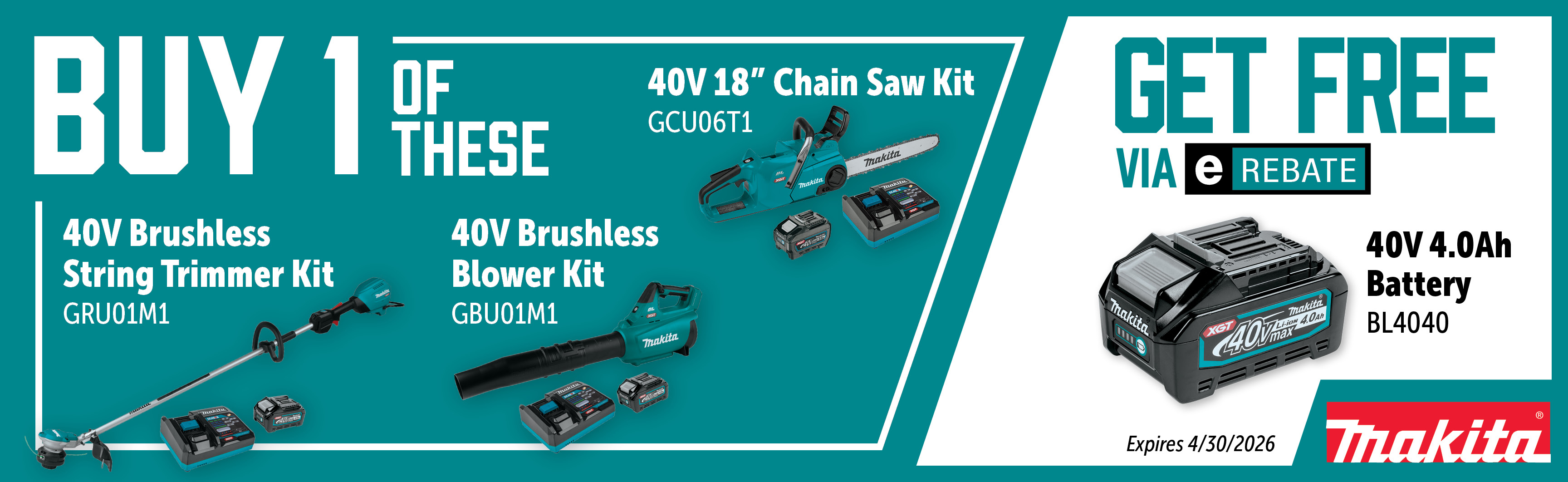 Makita Feb-Apr: Buy a GCU06T1 or GRU01M1 or GBU01M1 and Get a Free BL4040 Via E-Rebate