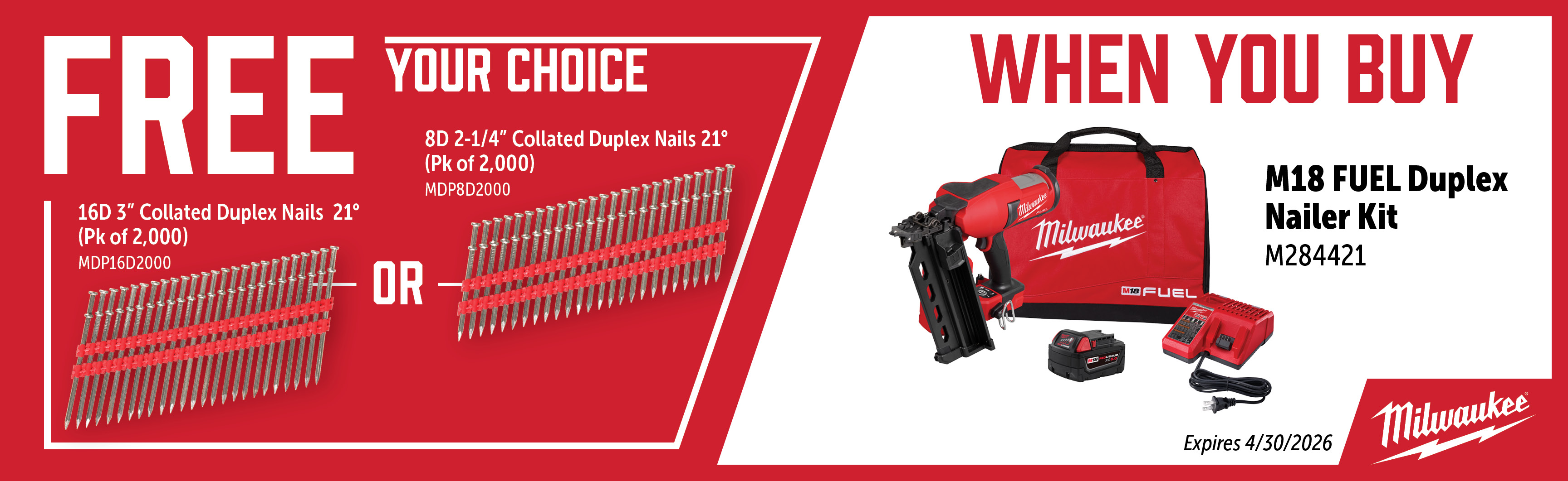 Milwaukee Feb-Apr: Buy an M284421 and Get a Free MDP16D2000 or MDP8D2000