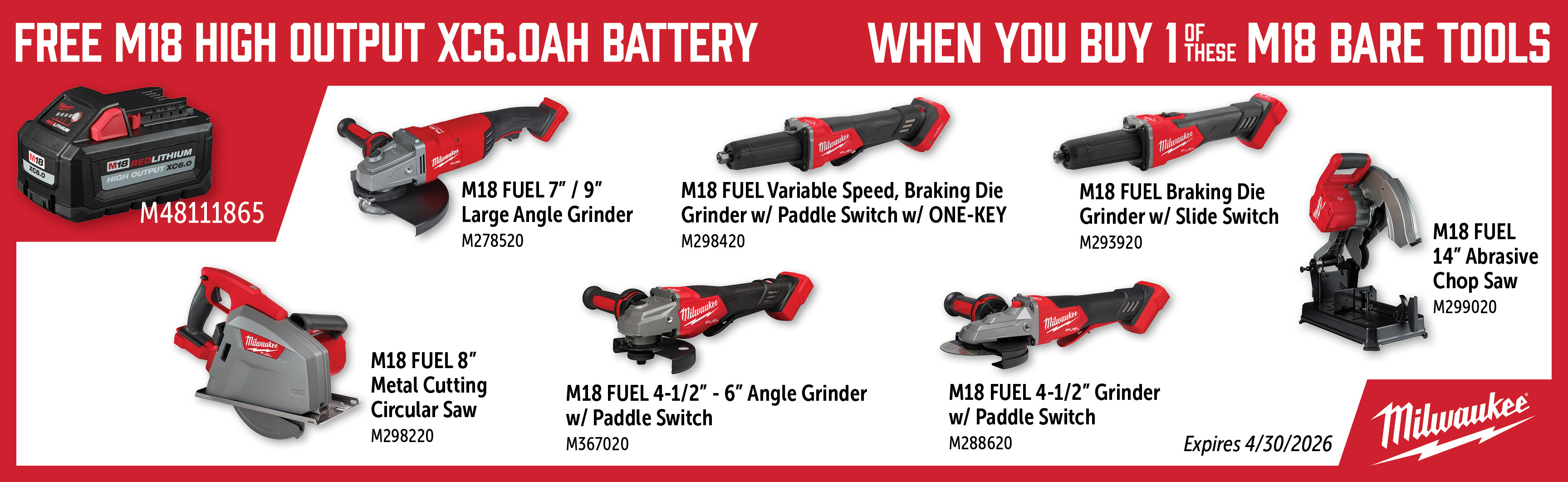 Milwaukee Feb-Apr: Buy a Qualifying M18 Tool and Get a Free M48111865