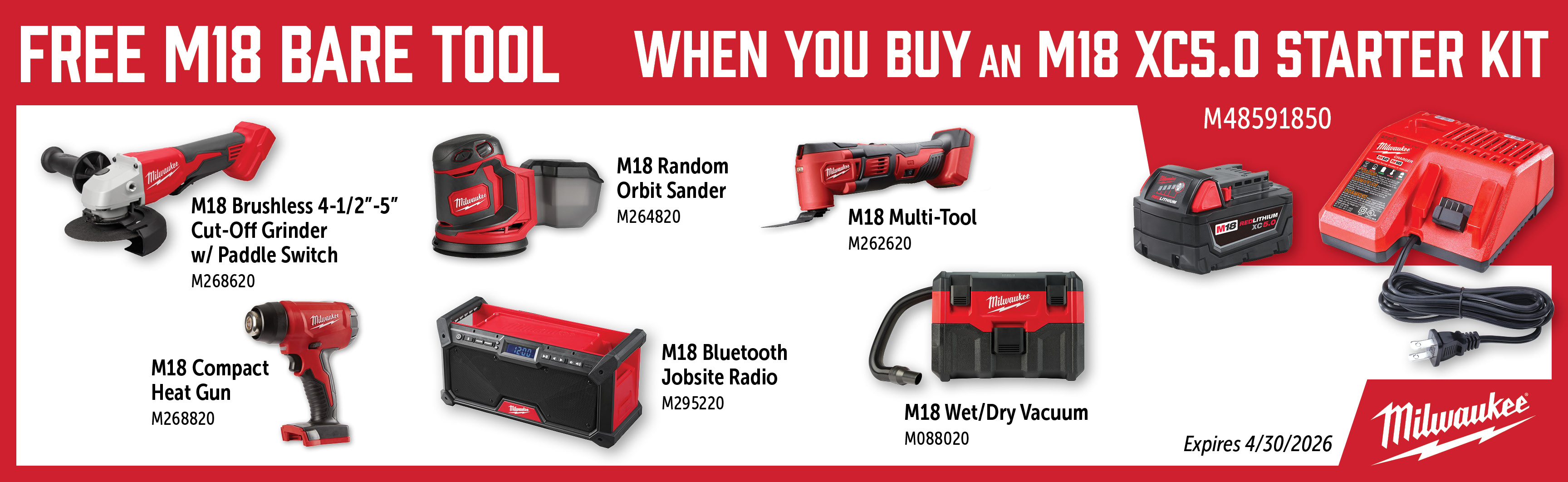 Milwaukee Feb-Apr: Buy an M48591850 and Get a Free M18 Bare Tool