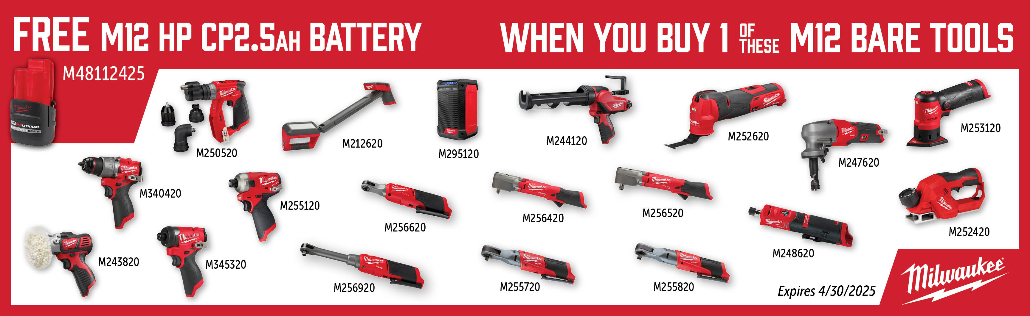 Milwaukee Feb-Apr: Buy a Qualifying M12 Bare Tool and Get a Free M48112425