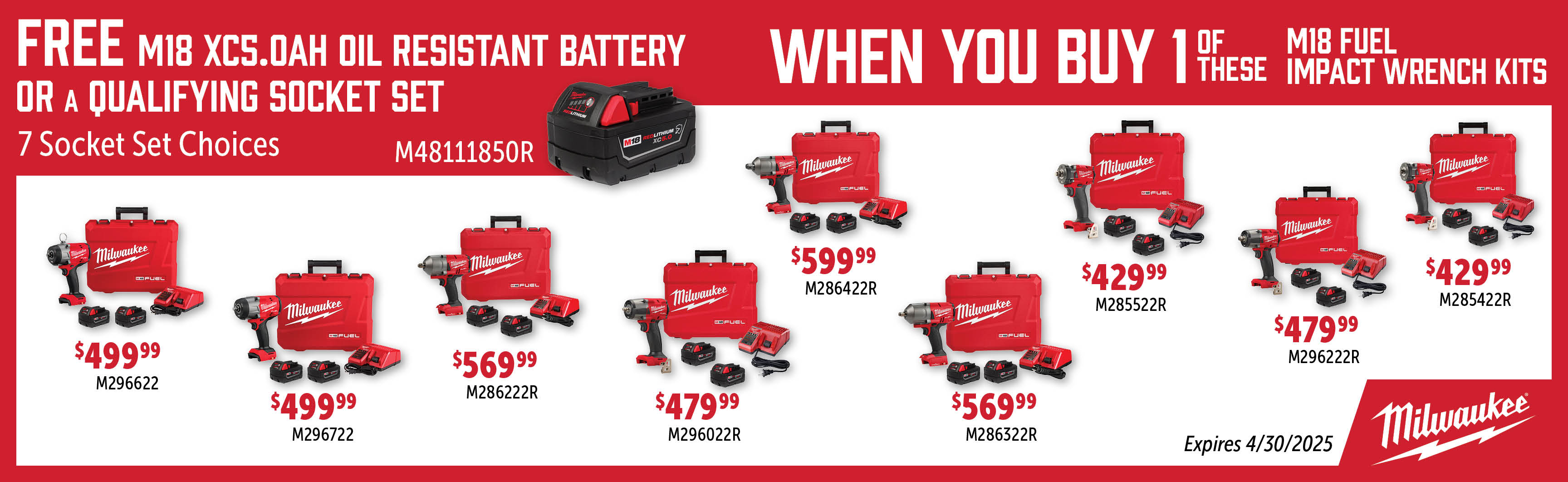 Milwaukee Feb-Apr: Buy a Qualifying M18 Fuel Impact Wrench Kit and Get a Free M48111850R or Qualifying Socket Set