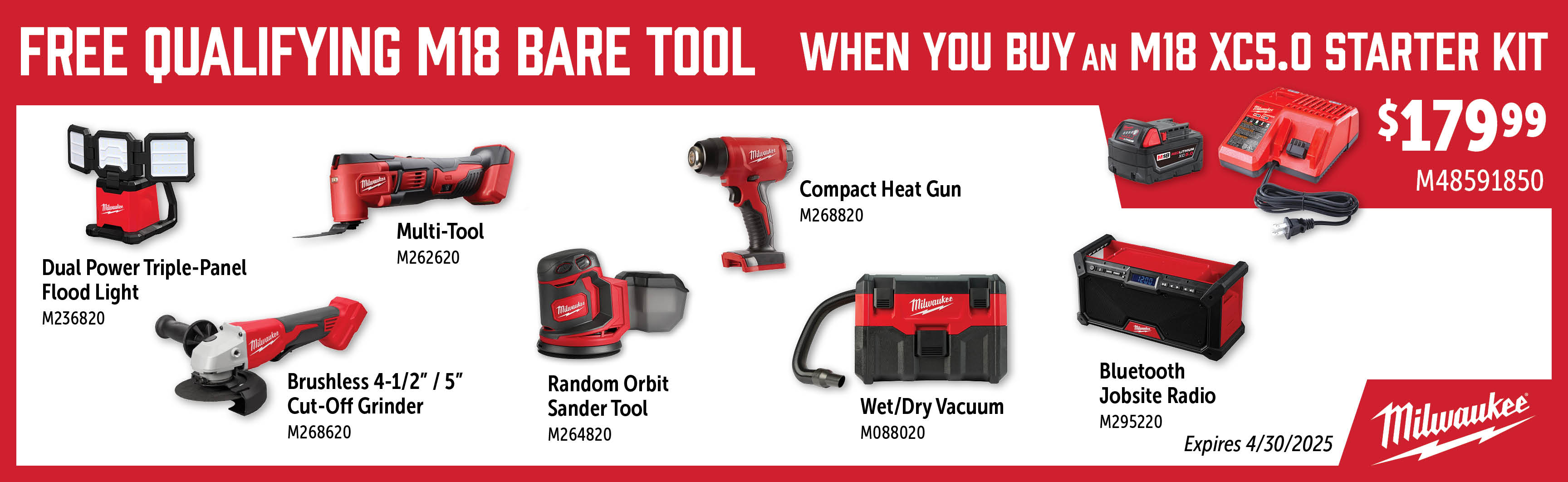 Milwaukee Feb-Apr: Buy a M48591850 and Get a Qualifying Free M18 Bare Tool