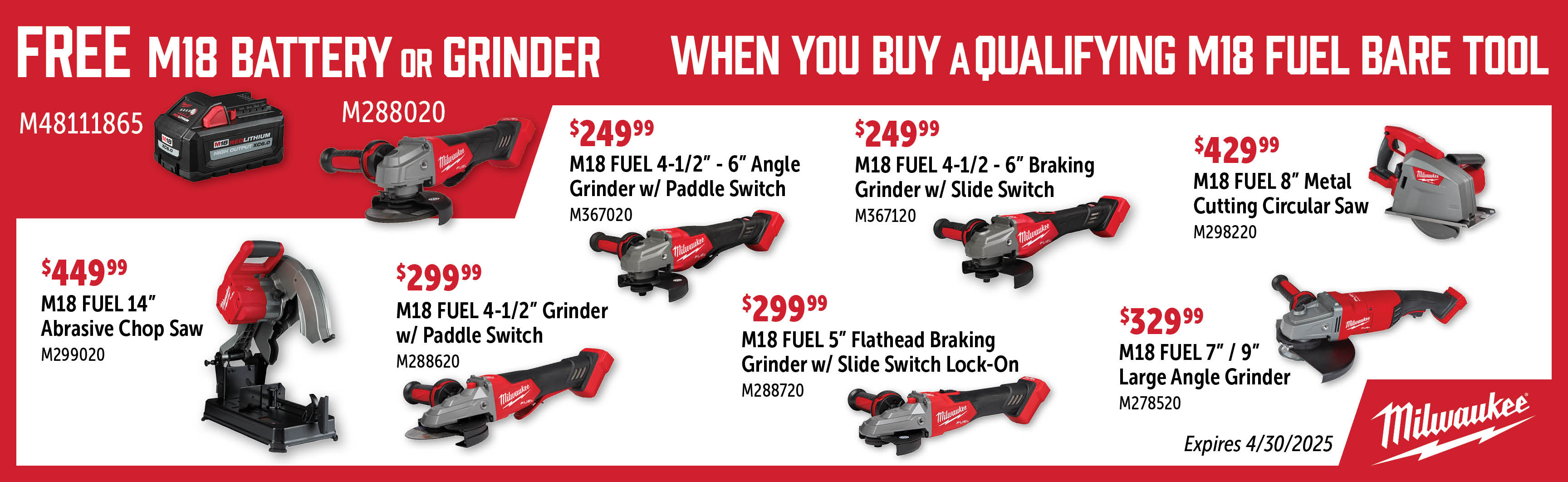 Milwaukee Feb-Apr: Buy a Qualifying M18 Fuel Bare Tool and Get a Free M288020 or M48111865