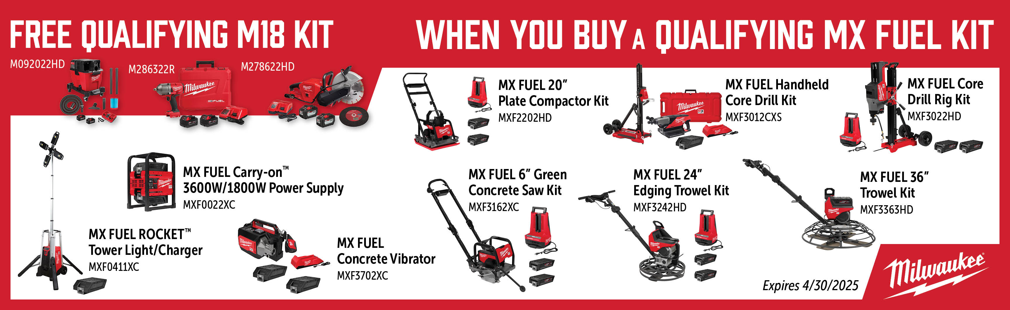 Milwaukee Feb-Apr: Buy a Qualifying MX Fuel Kit and Get a Free Qualifying M18 Kit