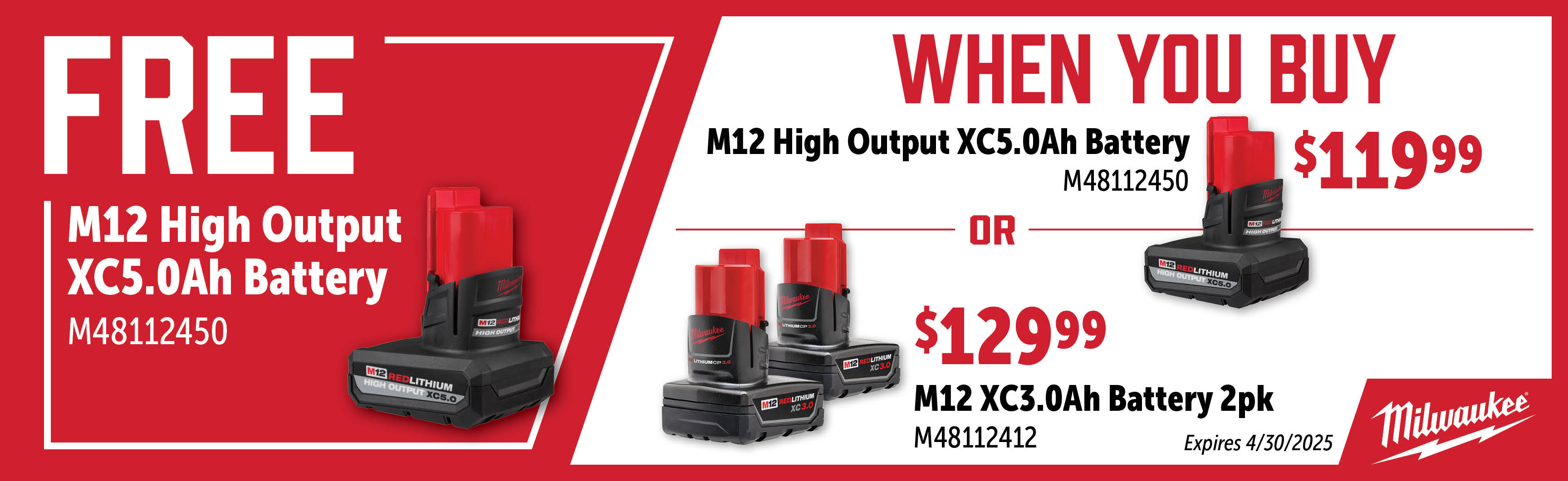 Milwaukee Feb-Apr: Buy a M48112412 or M48112450 and Get a Free M48112450