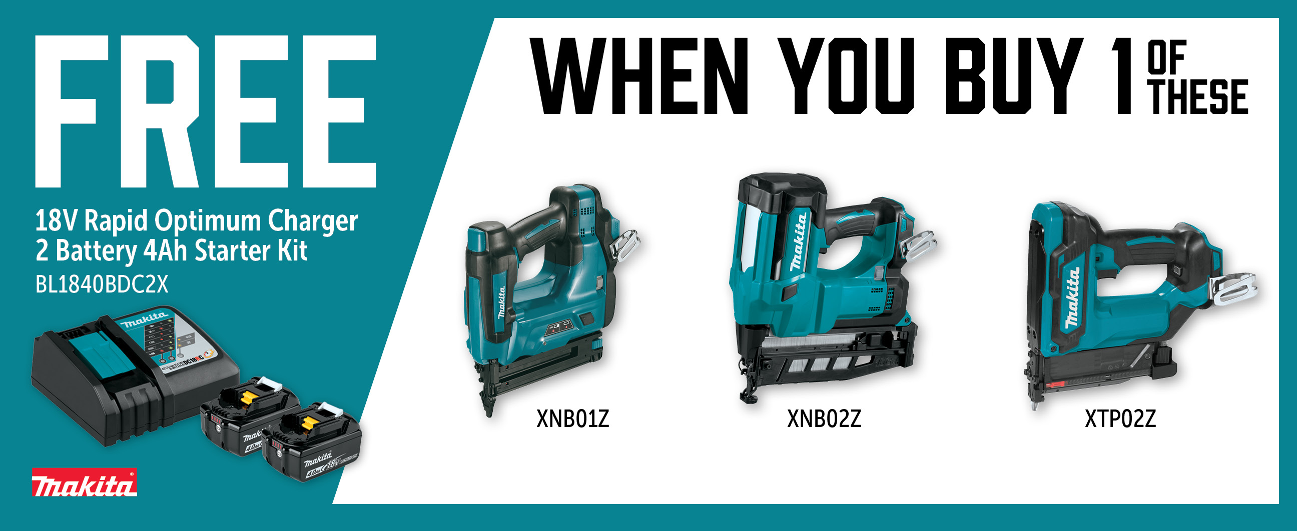 Makita May-Jul: Buy a Qualifying 18V Nailer Bare Tool and Get a Free BL1840BDC2X