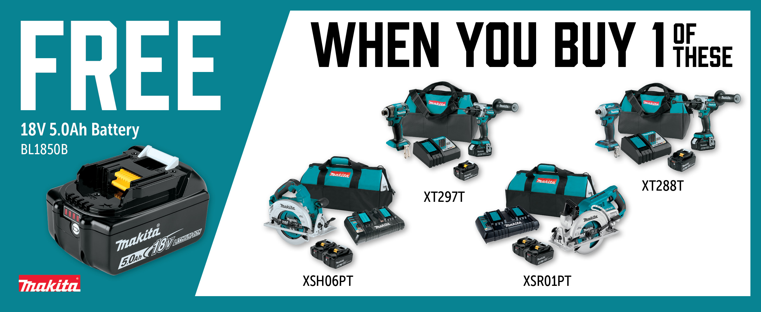 Makita May-Jul: Buy a Qualifying 18V Kit and Get a Free BL1850B