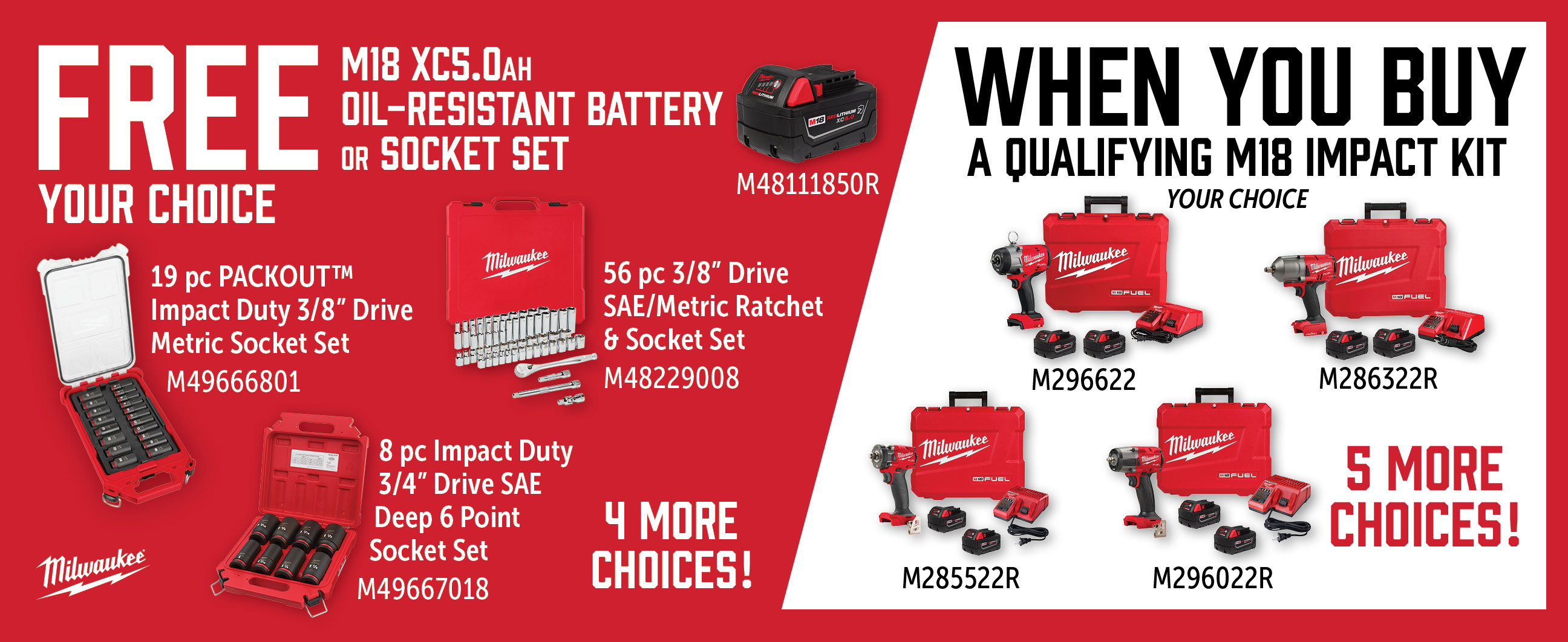 Milwaukee May-Jul: Buy a Qualifying M18 Impact Kit and Get a Free Milwaukee Accessory or M48111850R Battery