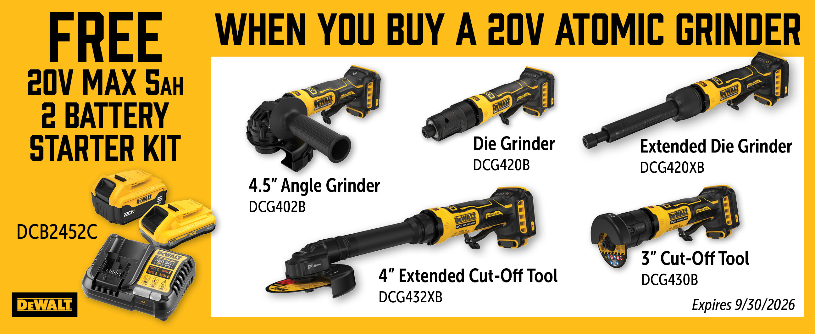 Dewalt Jul-Sep: Buy a Qualifying 20V Atomic Grinder and Get a Free DCB2452C