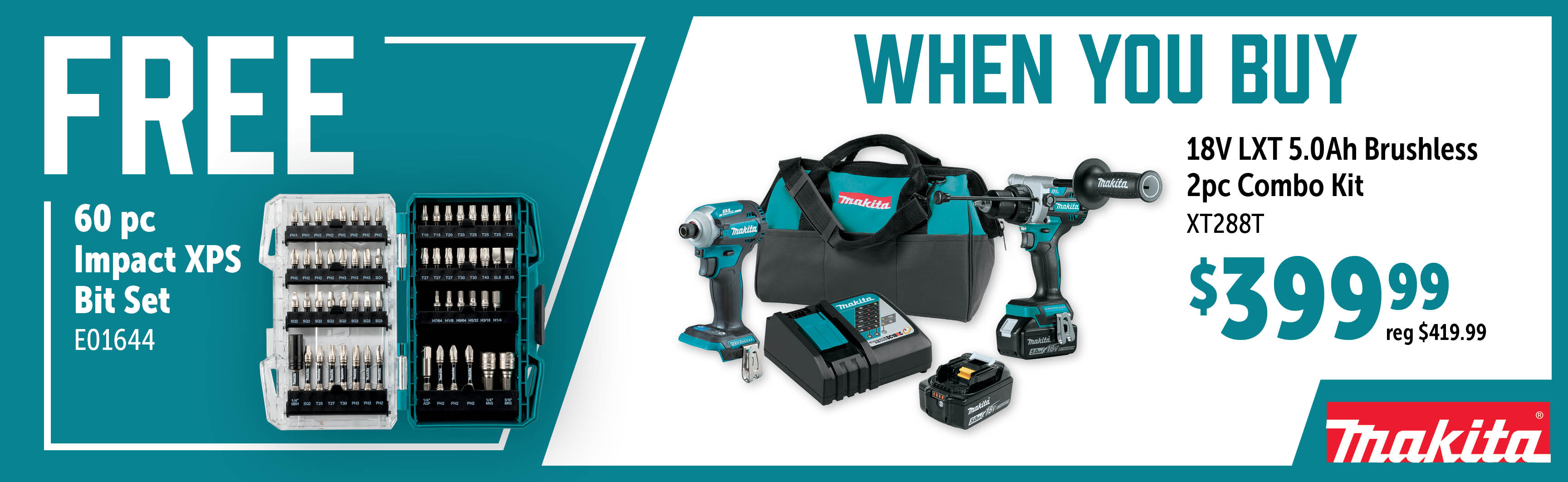 Makita Aug-Oct: Buy a XT288T Combo Kit and get a Free E01644 Bit Set