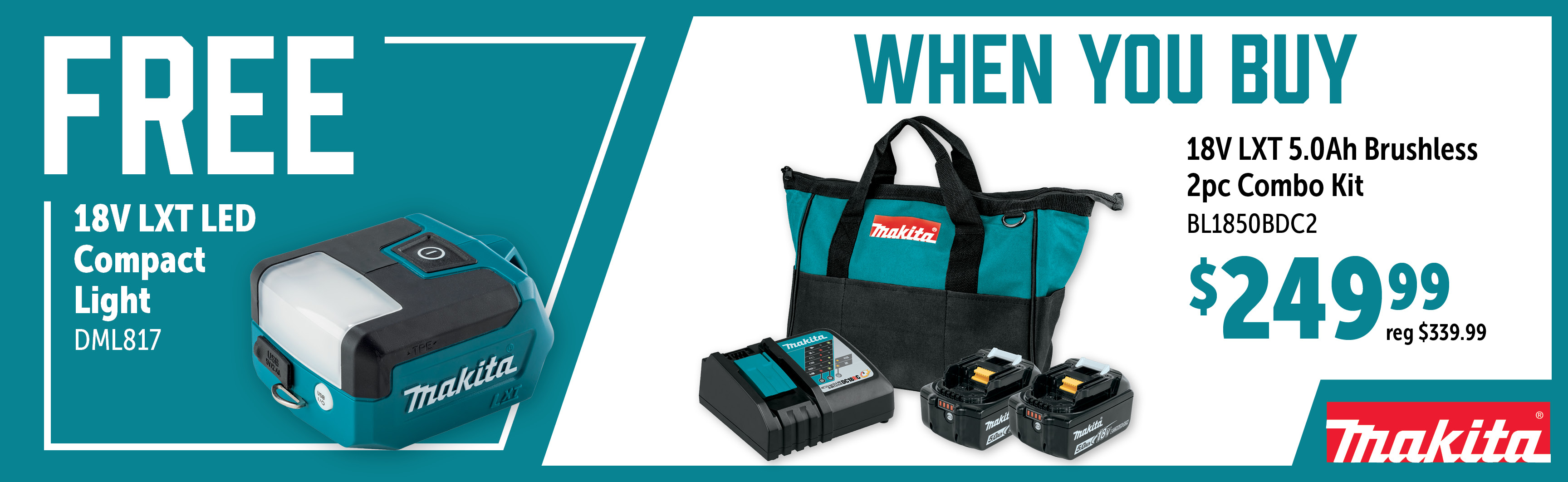 Makita Aug-Oct: Buy a BL1850BDC2 Combo Kit and Get a Free DML817 Compact Light