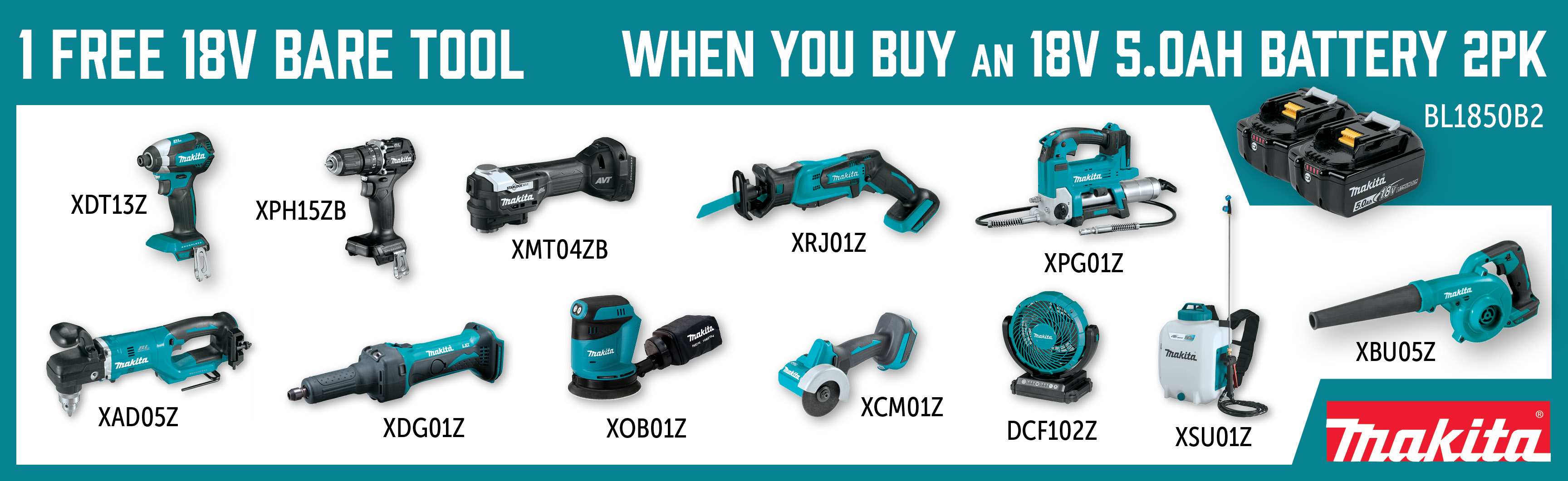 Makita Sep-Oct: Buy a BL1850B2 and Get a Free Qualifying 18V Bare Tool