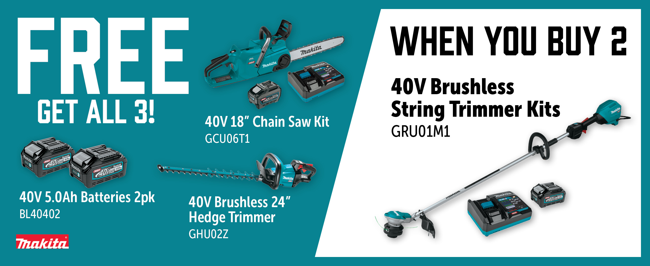 Makita Aug-Oct: Buy 2 GRU01M1 and Get a Free GCU06T1 + GHU02Z + BL40402