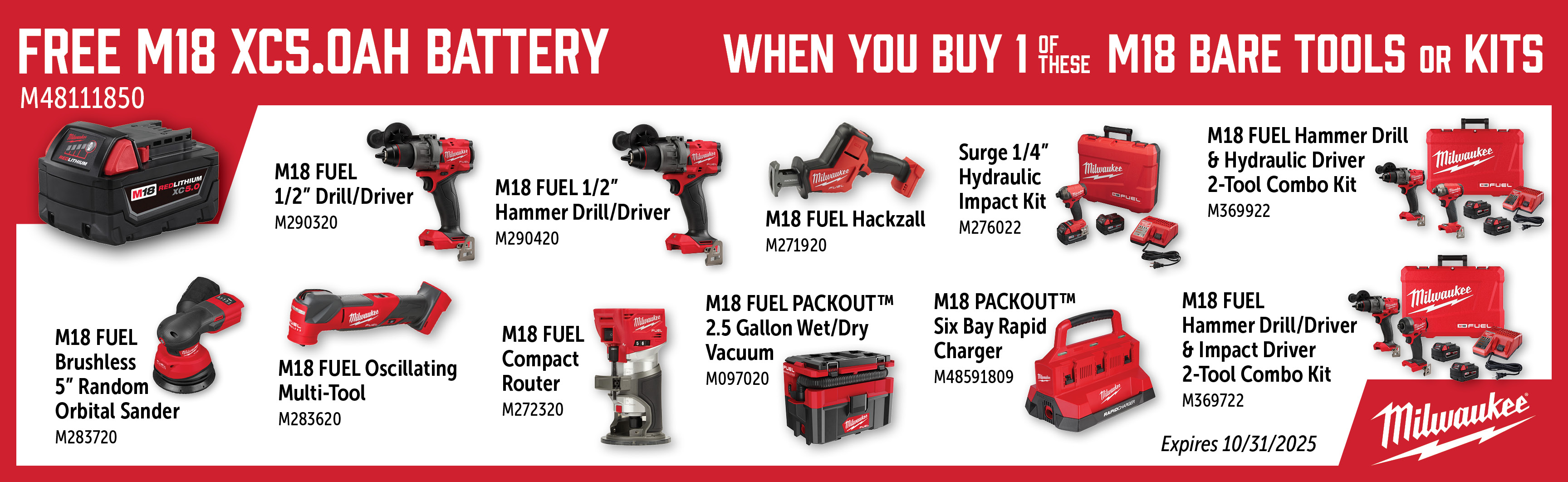 Milwaukee Aug-Oct: Buy a Qualifying M18 Kit or Bare Tool and Get a Free M48111850 Battery