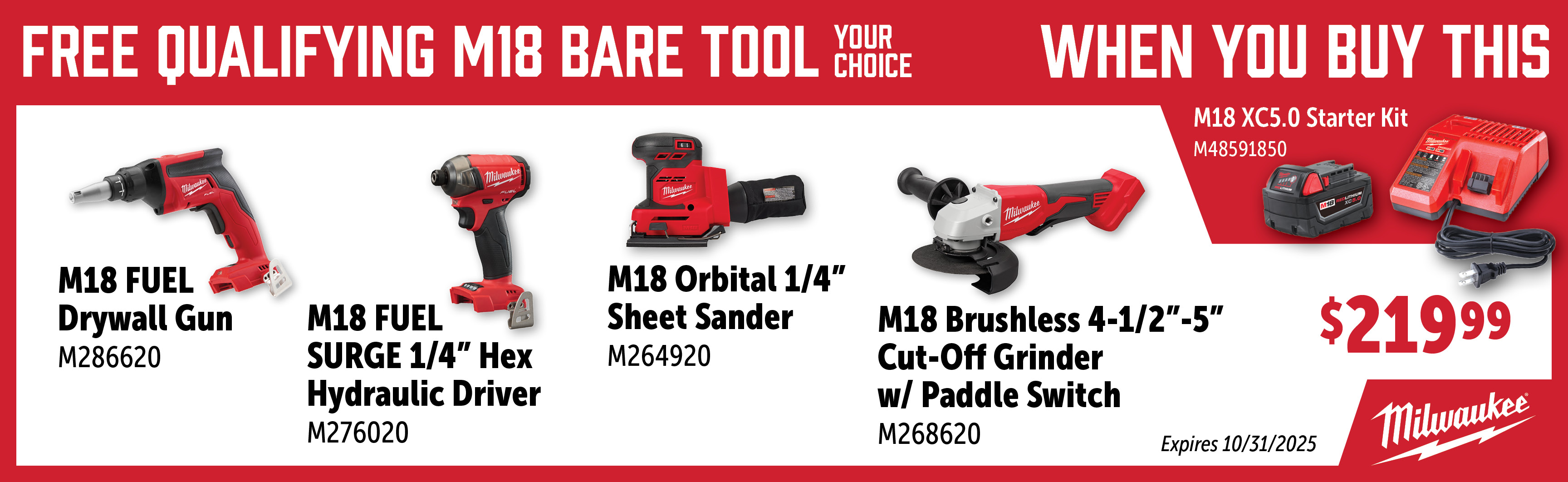 Milwaukee Aug-Oct: Buy a M48591850 Starter Kit and Get a Free Qualifying M18 Bare Tool