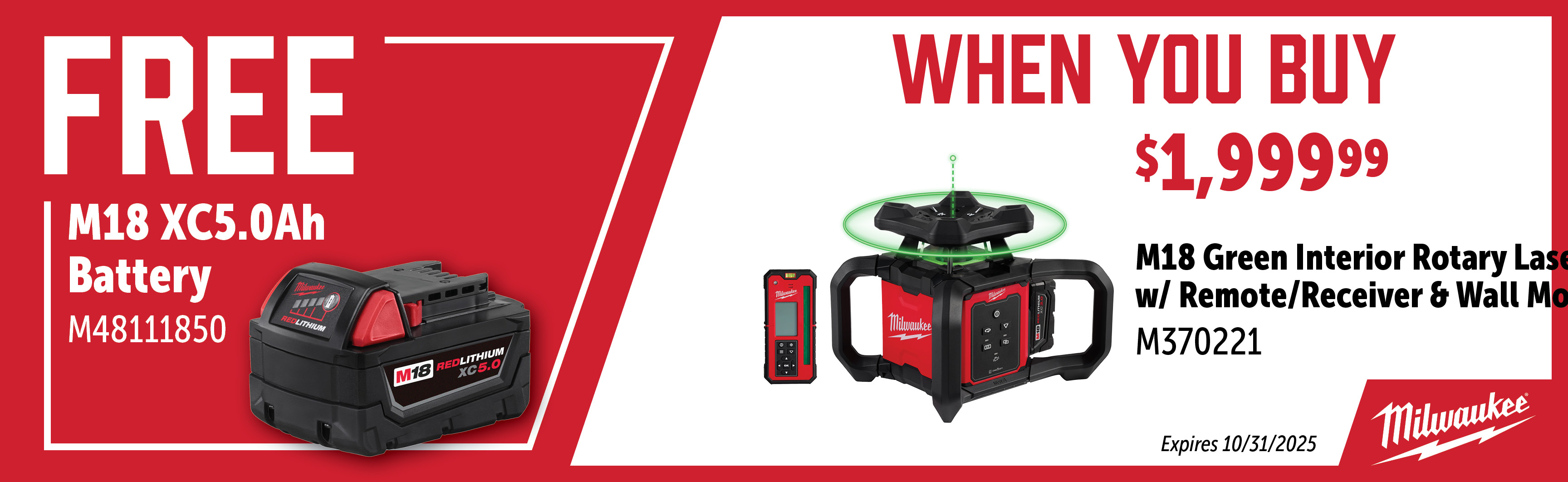Milwaukee Aug-Oct: Buy a M370221 Laser Kit and Get a Free M48111850 Battery