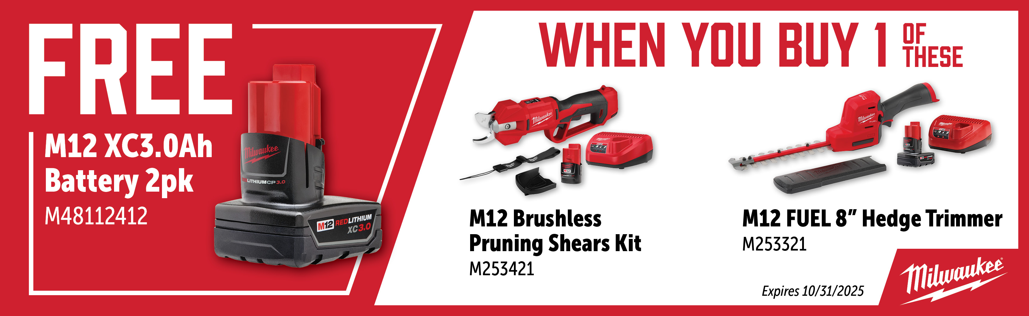 Milwaukee Aug-Oct: Buy a M253421 or M253321 and Get a Free M48112412 Battery 2pk