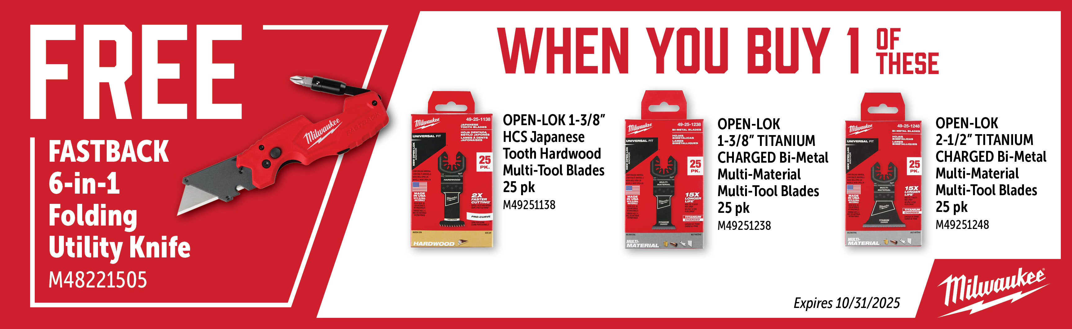 Milwaukee Aug-Oct: Buy a Qualifying OMT Pack and Get a Free M48221505 Utility Knife