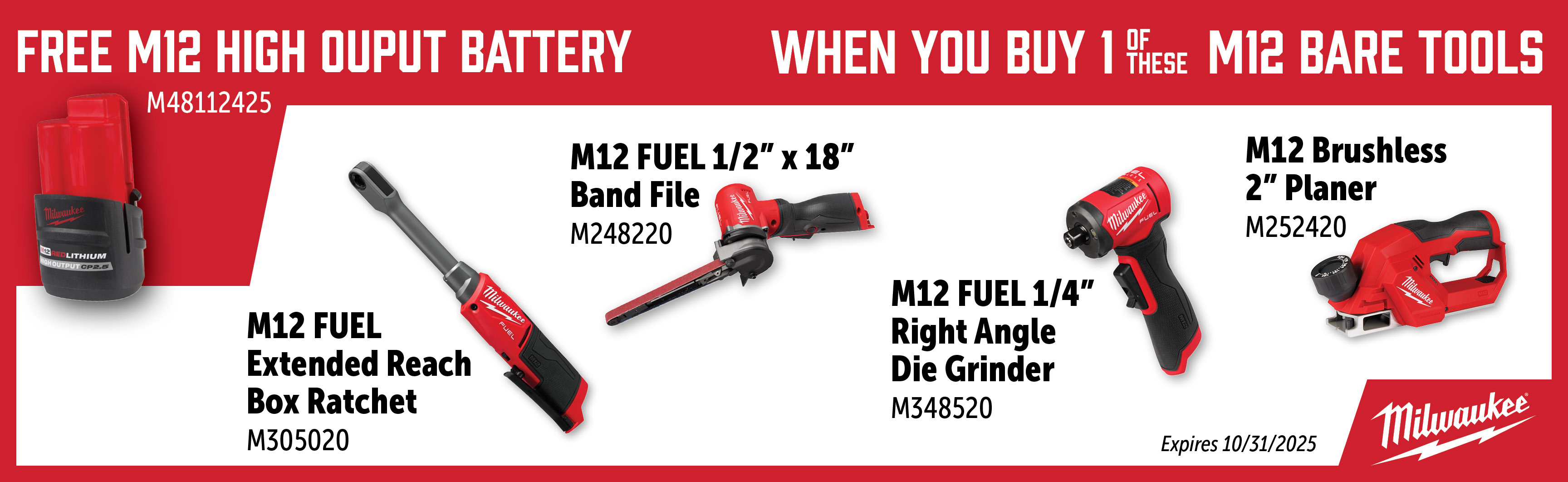 Milwaukee Aug-Oct: Buy a Qualifying M12 Bare Tool and Get a Free M48112425 Battery