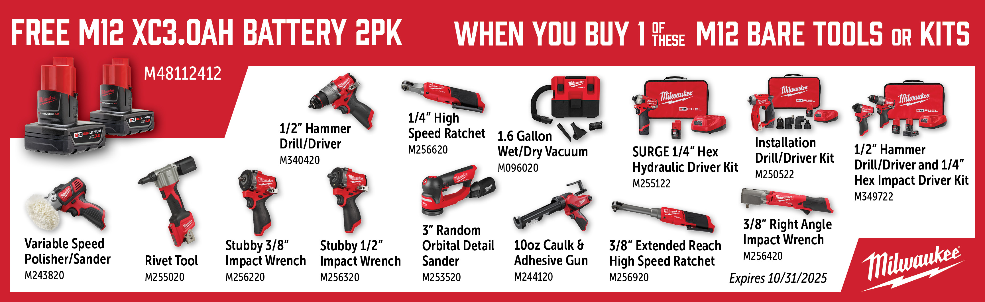 Milwaukee Aug-Oct: Buy a Qualifying M12 Bare Tool or Kit and Get a Free M48112412 Battery 2pk