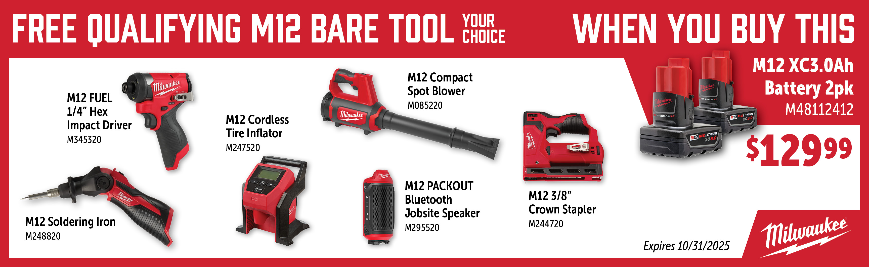Milwaukee Aug-Oct: Buy a M48112412 Battery 2pk and Get a Free Qualifying M12 Bare Tool