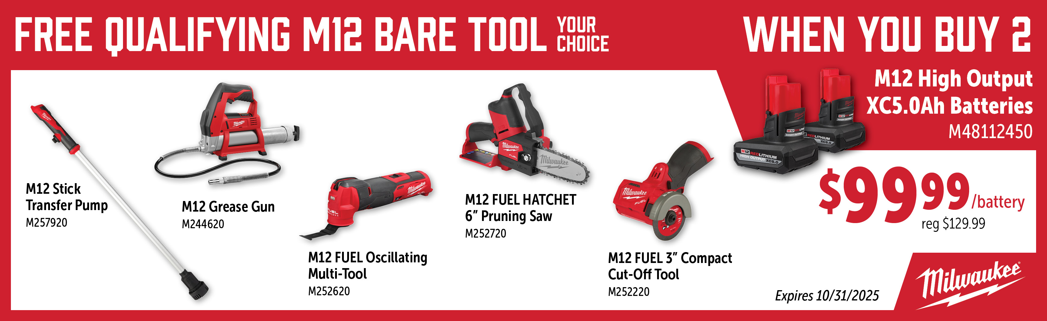 Milwaukee Aug-Oct: Buy 2 M48112450 Batteries and Get a Free Qualifying M12 Bare Tool