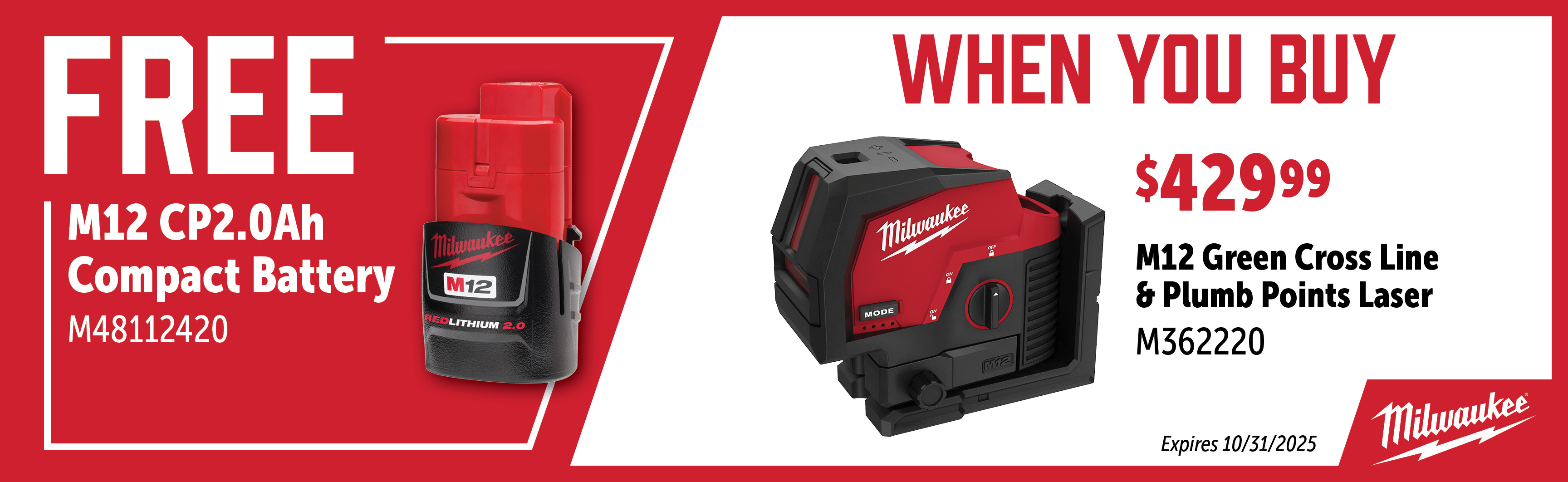 Milwaukee Aug-Oct: Buy a M362220 Laser and Get a Free M48112420 Battery