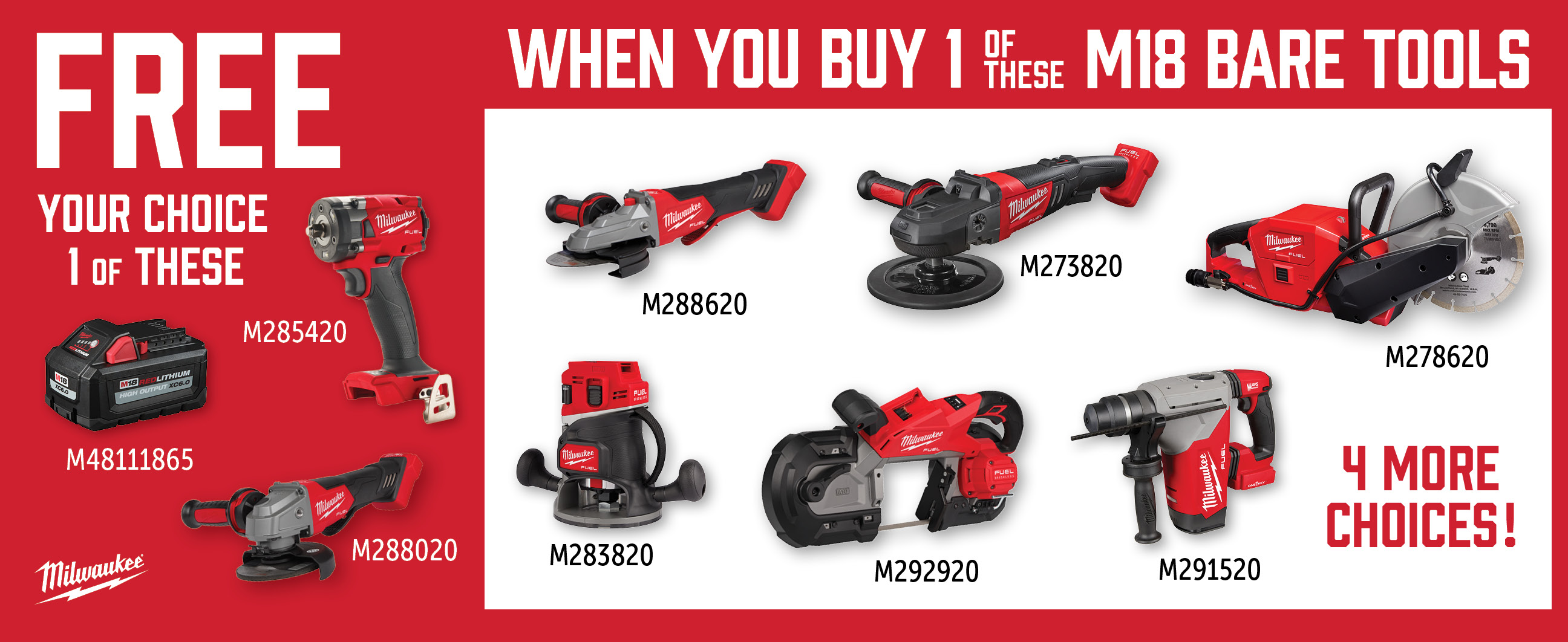 Milwaukee Aug-Oct: Buy a Qualifying M18 Bare Tool and Get a Free M48111865 or M288020 or M285420