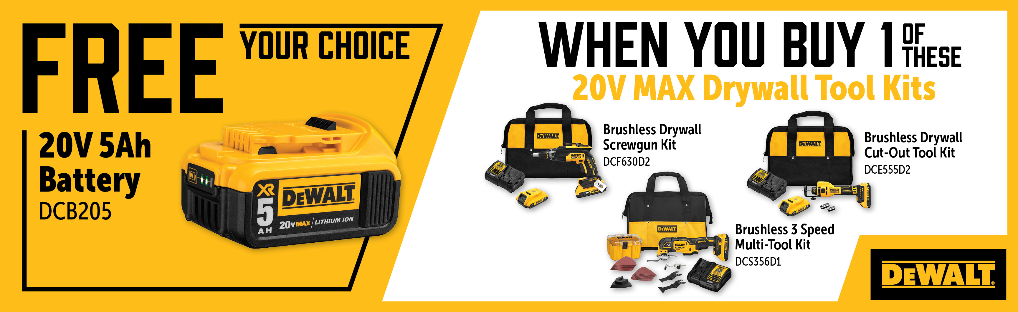 Dewalt Oct-Dec: Buy a Qualifying 20V Drywall Kit and Get a Free DCB205