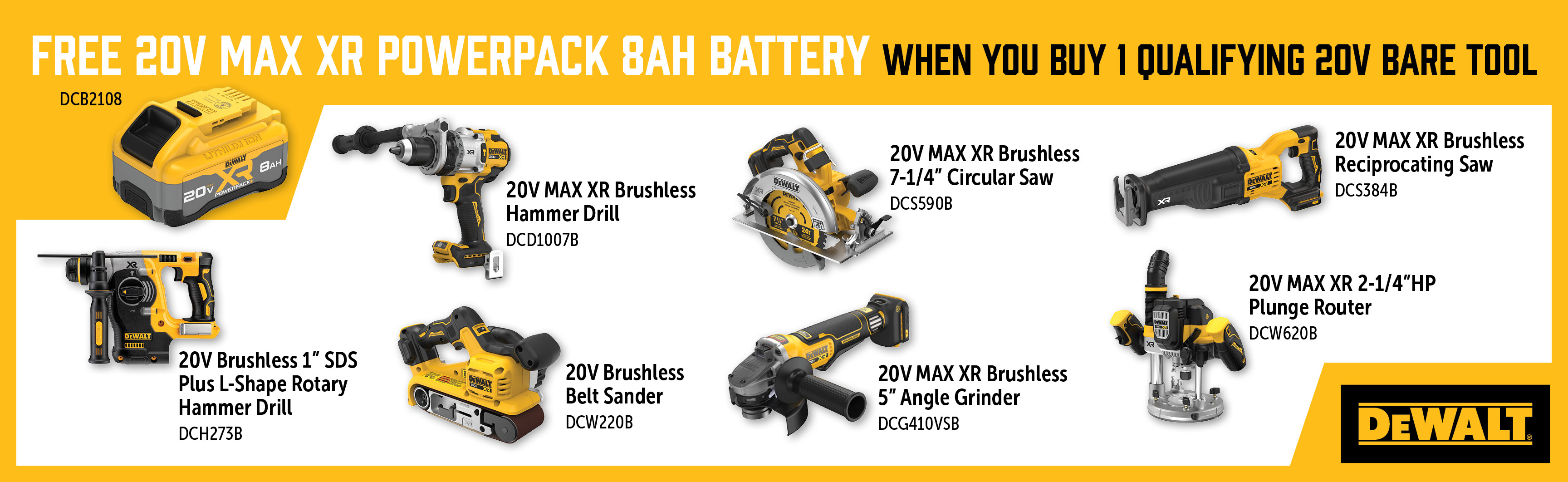 Dewalt Oct-Dec: Buy a Qualifying 20V Bare Tool and Get a Free DCB2108