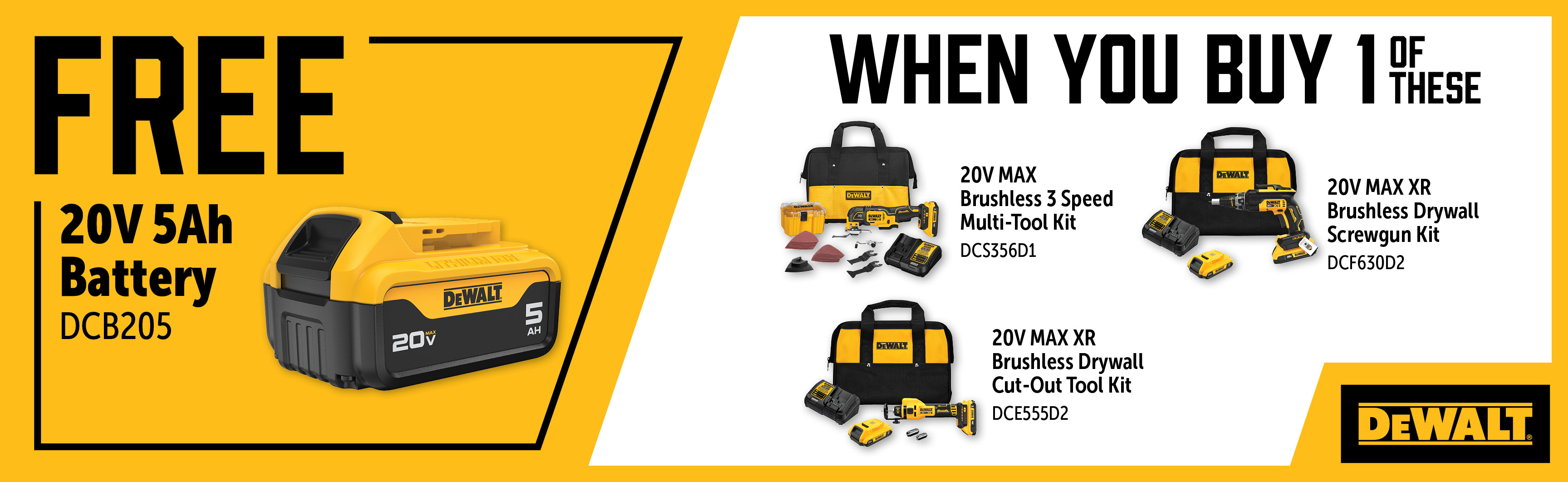 Dewalt Oct-Dec: Buy a Qualifying 20V Drywall Kit and Get a Free DCB205 Battery