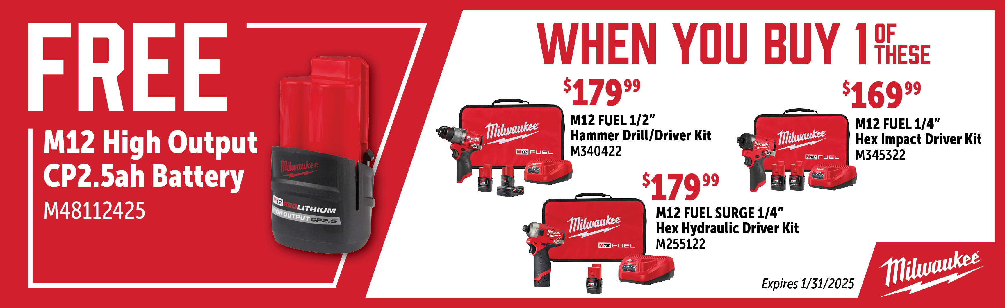 Milwaukee Nov-Jan: Buy a Qualifying M12 Drill/Driver Kit and Get a Free M48112425