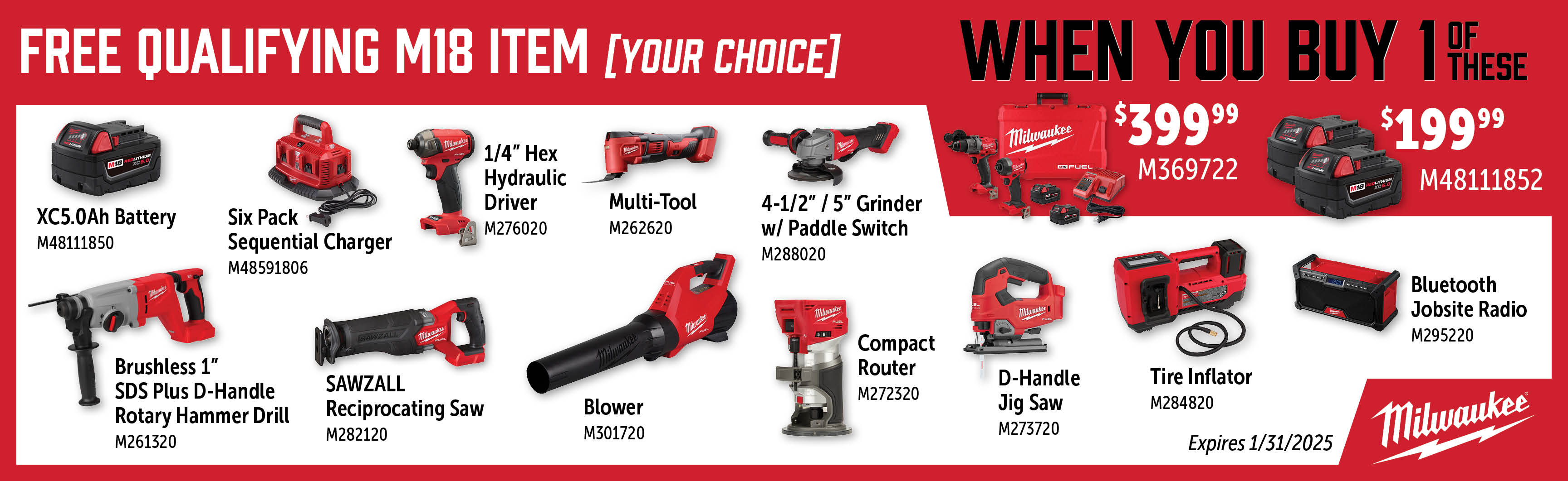 Milwaukee Nov-Jan: Buy a M369722 or M48111852 and Get a Free Qualifying M18 Item