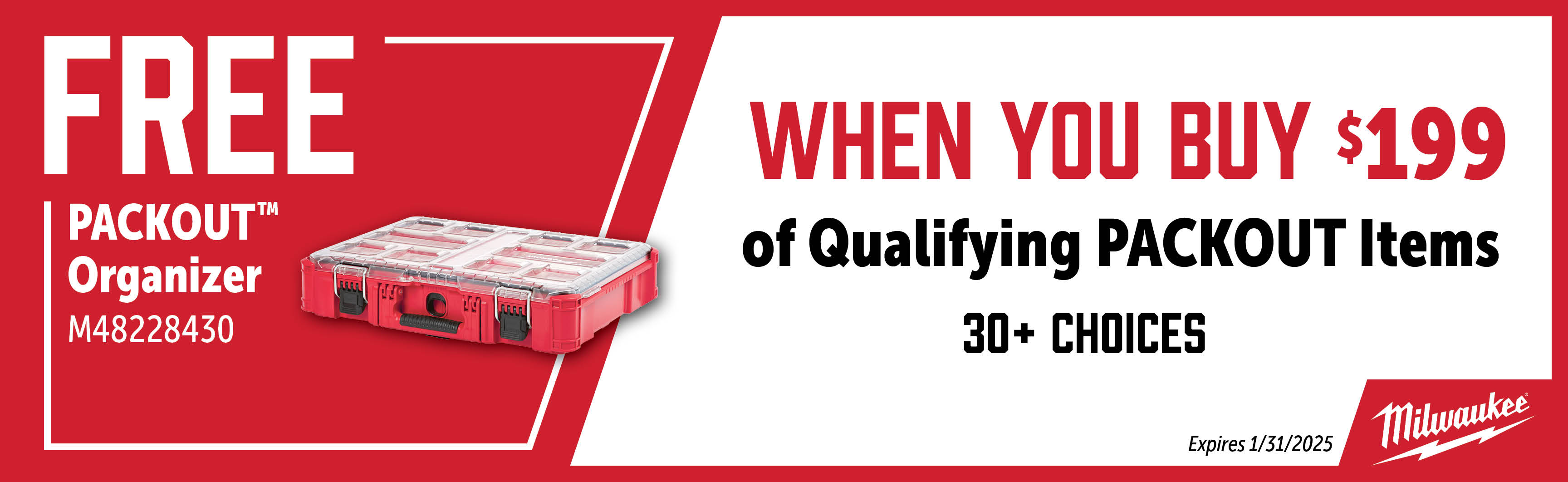 Milwaukee Nov-Jan: Buy $199 in Qualifying Packout and Get a Free M48228430