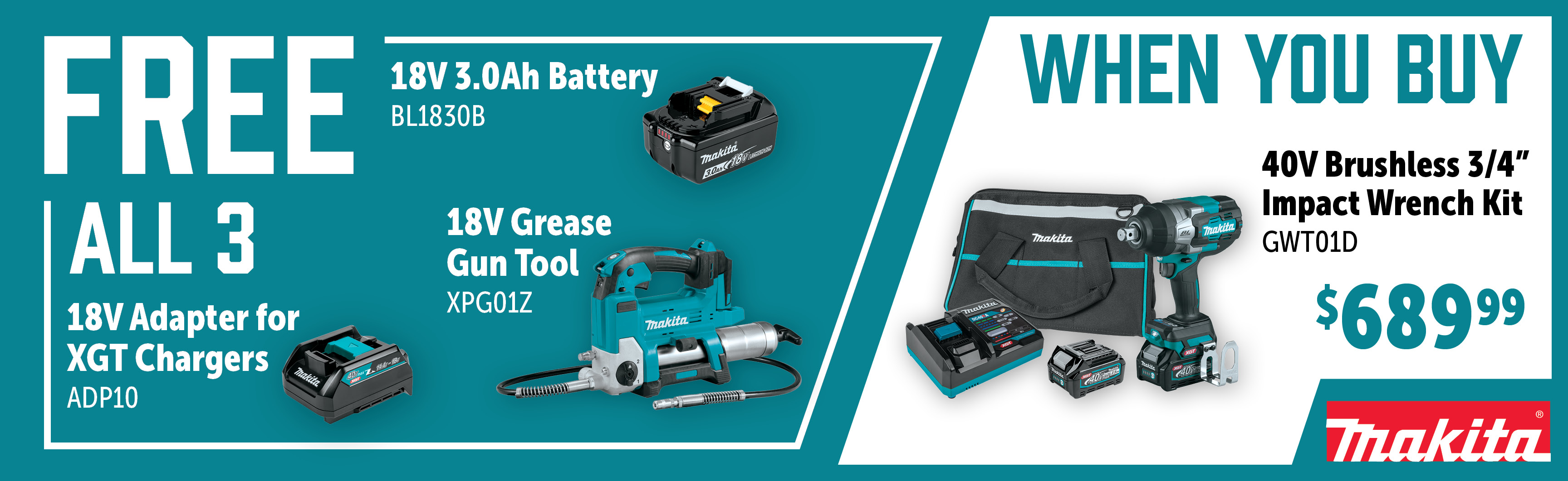 Makita Nov-Jan: Buy a GWT01D and Get ALL 3 Free BL1830B, XPG01Z, ADP10