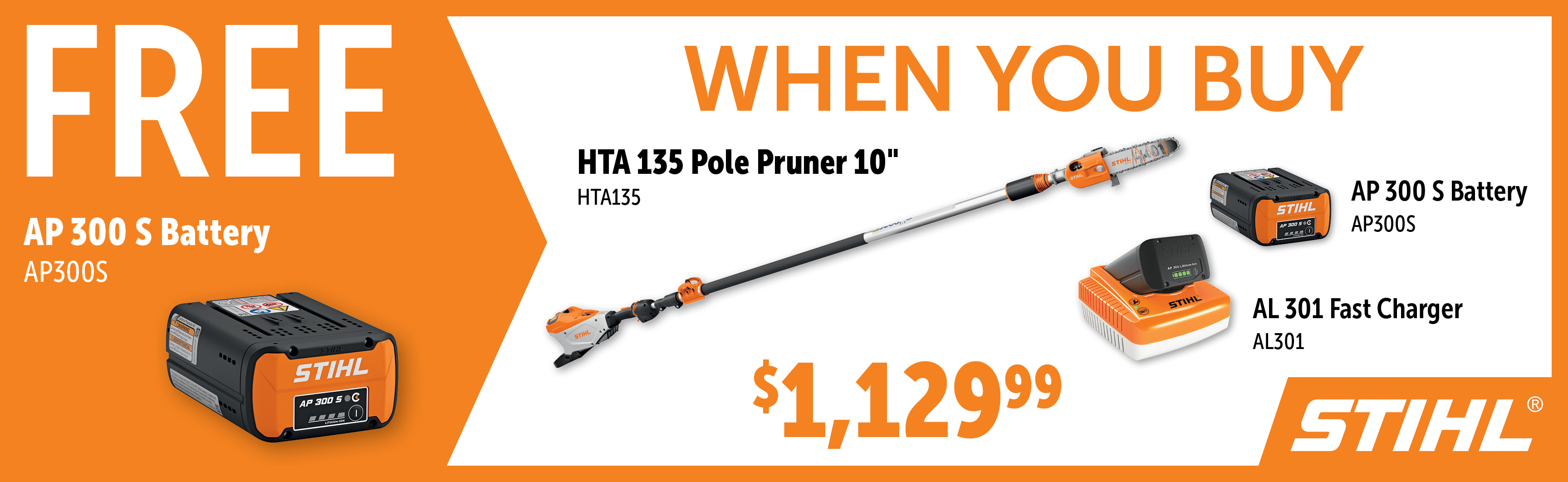 STIHL Sep-Dec: Buy a HTA135 Set with a AP300S and Get an Additional Free AP300S Battery