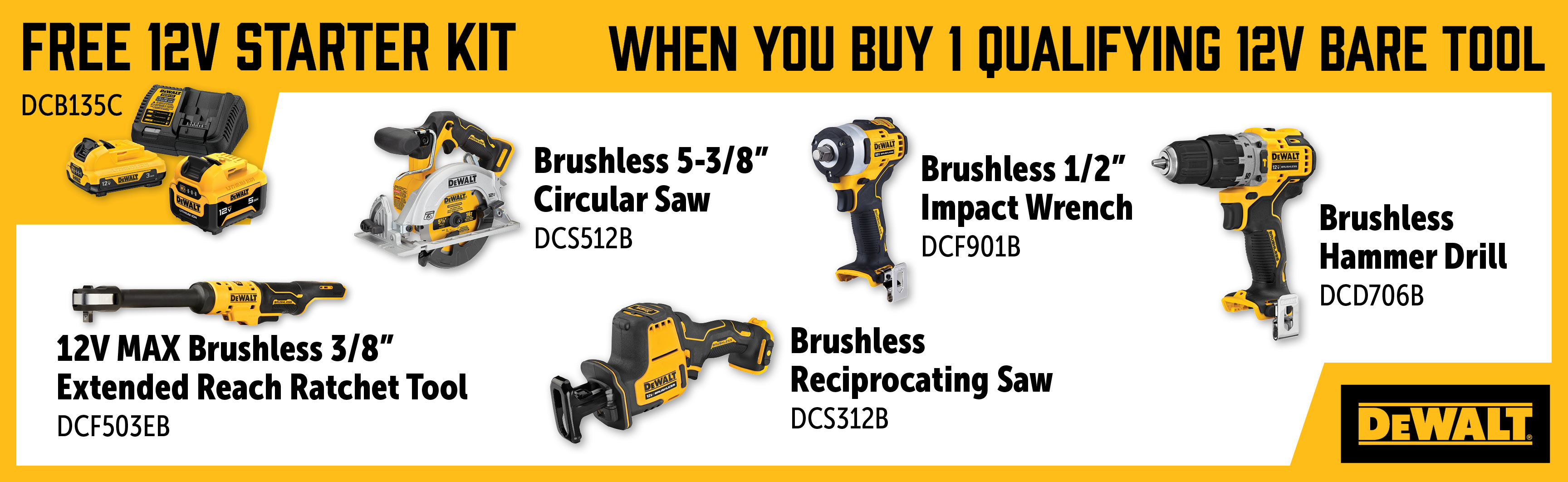 Dewalt Jan-Mar: Buy a Qualifying 12V Bare Tool and Get a Free DCB135C