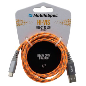 MobileSpec MBSHV0433 4 ft PVC Hi-Vis Orange USB-C to USB-A Cable