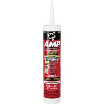 DAP AMP Advanced Modified Polymer Waterproof Kitchen, Bath and Plumbing Sealant, White, 9 Oz