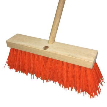 16" Street Push Broom, Stiff Orange Plastic 5" Bristles with Flex Handle
