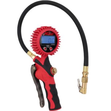 Heavy-Duty Digital Tire Inflator and Air Pressure Gauge, Clip-on Chuck, 1/4" NPT, 20" Rubber Hose, 0-255 PSI