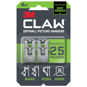 3M CLAW™ Drywall Picture Hanger 25 lb with Temporary Spot Marker 3PH25M-4ES, 4 hangers, 4 markers