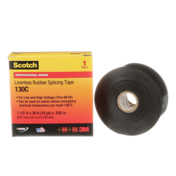 Scotch Linerless Rubber Splicing Tape 130C, 1-1/2 in x 30 ft, Black, 1 roll/carton, 12 rolls/Case