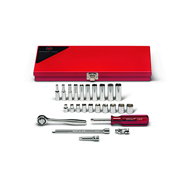 1/4" Drive 25 Piece Metal Boxed Set - 6 Point Standard & Deep Metric Sockets, 4mm - 14mm, Ratchet, Spinner, Universal, 2", 6" Extensions