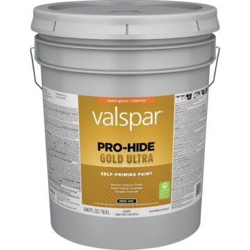 Valspar Pro-Hide Gold Ultra Zero VOC Latex Semi-Gloss Interior Wall Paint, Super One-Coat White, 5 Gal.