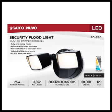 Satco LED Security Light - Dual Head - Field Selectable - Black Finish